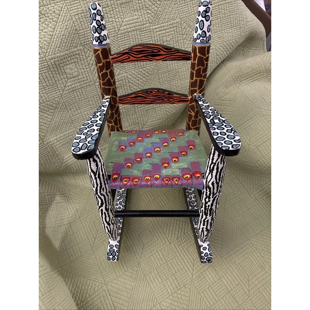 Hand Painted Folk Art Doll Rocking Chair Animal Print Miniature 16
